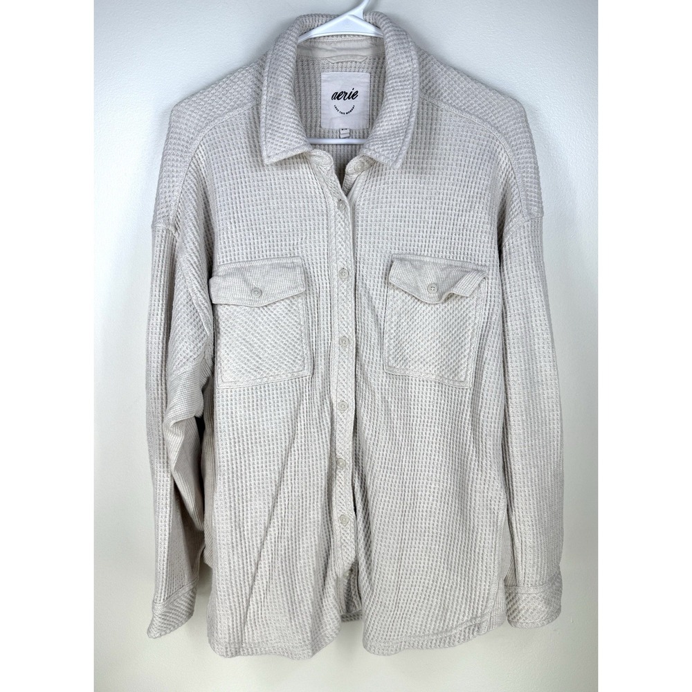Aerie Waffle Oversized Shirt Top Button Up Pockets Long Sleeve Sz Medium Thermal